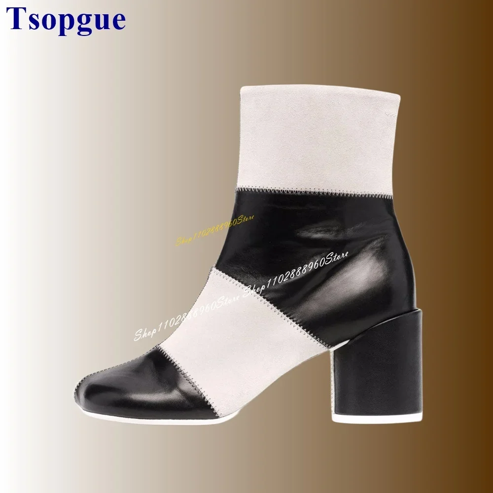 

Mid Calf Black And White Checkered Boots Thick Heel Shoes For Women Side Zipper Round Toe 2024 Fashionable Zapatos Para Mujere