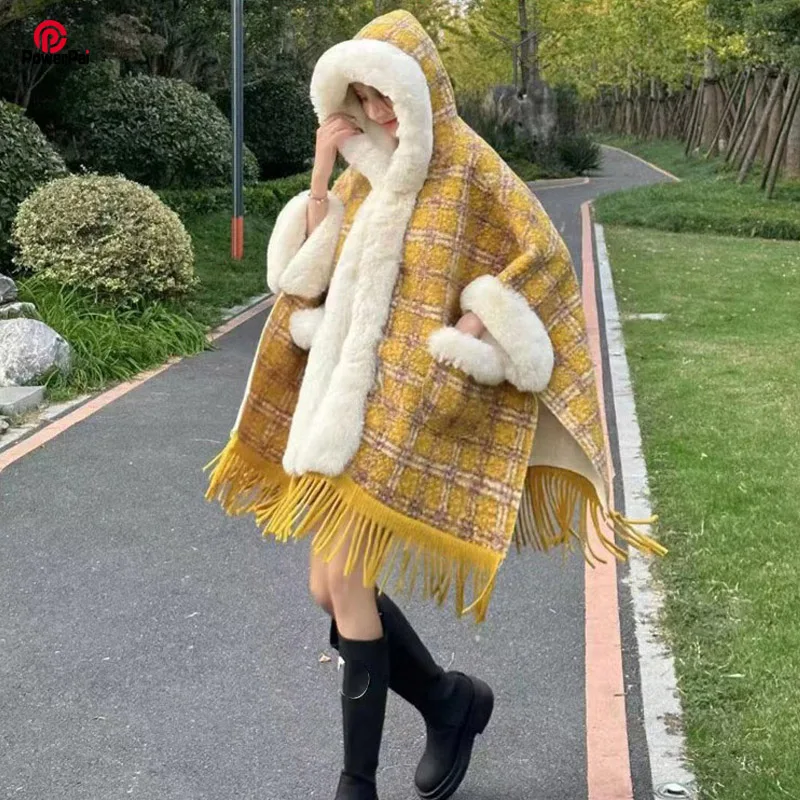 

Fashion Warm Faux Rex Rabbit Fur Cape Overcoat Hood Plaid Woolen Coat Long Thick Winter Women Cloak Batwing Loose Slim Pockets