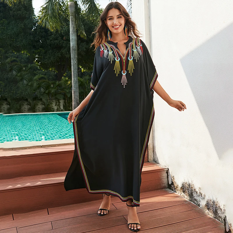 New European American Cotton Embroidered Beach Cover Up Long Dress Loose Casual Holiday Kaftan Bikini Wrap