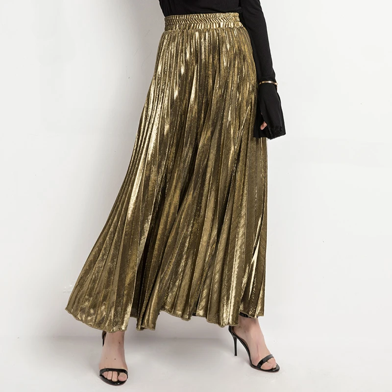 Women's Premium Gold Shiny Shimmer Accordion Pleated Long Maxi Skirt Fashion Party Skirt Dancing Skirt