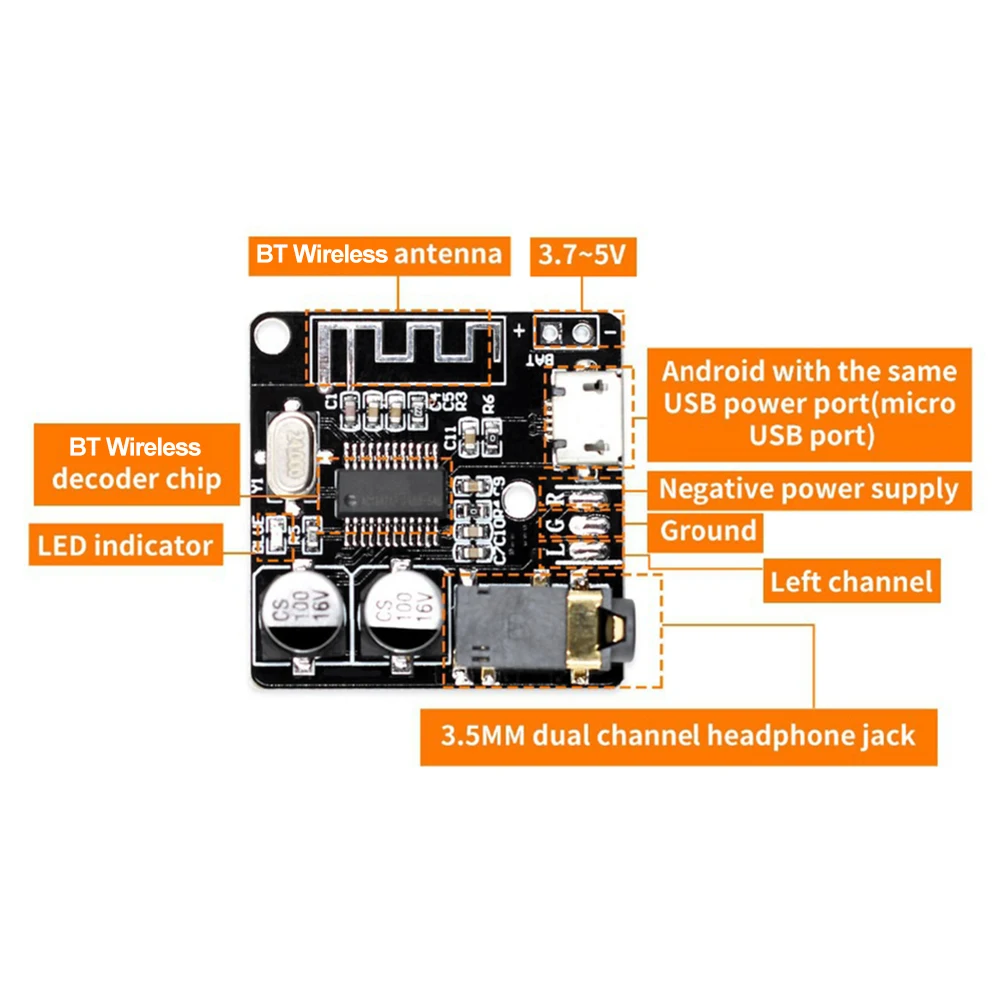 1-10pcs VHM-314 Bluetooth Audio Receiver Board BT 4.1/5.0 MP3 Lossless Decoder Board Wireless Stereo Music Module 3.7-5V  5