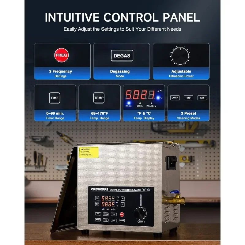 Máquina de limpeza ultrassônica digital de frequência dupla CREWORKS 10L, limpador ultrassônico de 28 e 40 kHz 200 W com potência ajustável