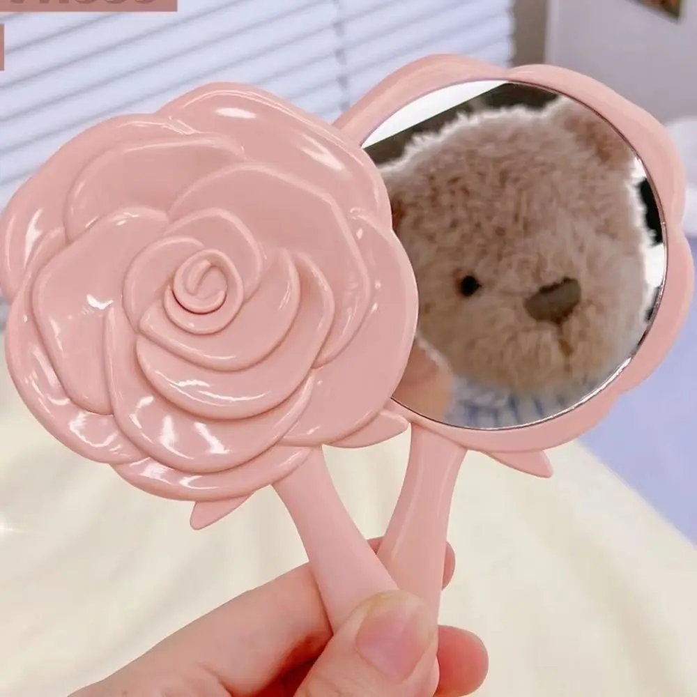 Cartoon Makeup Mini Portable Handheld Mirror Single Handle Mirror Girl Cute Fashionable Rose Small Mirror Makeup Tools