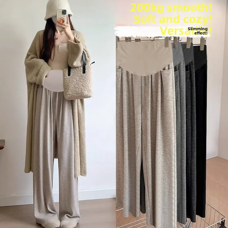 Maternity Wide Leg Pants Fleece Lined Thickened Pregnancy Support Belly Autumn Winter Casual Long Trousers for plus Size Women