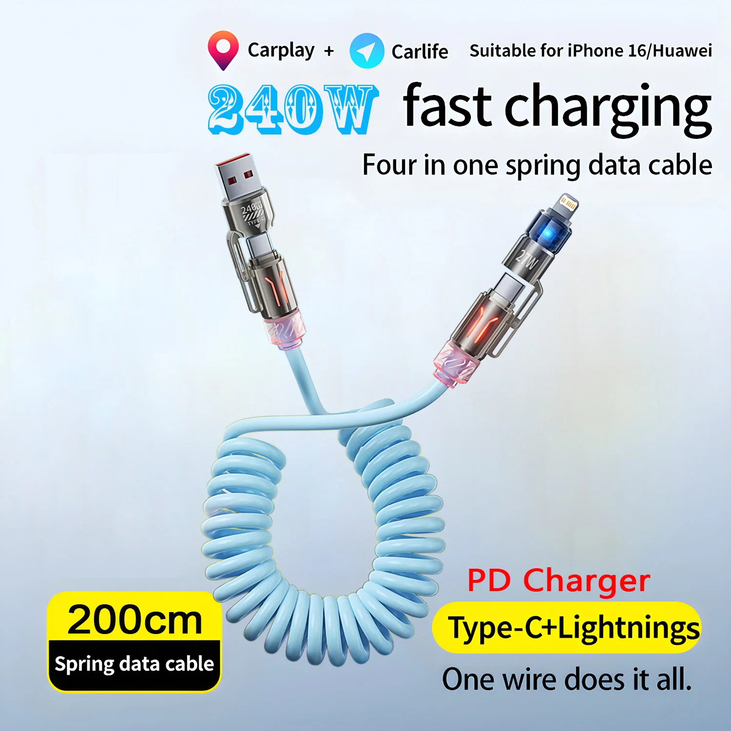 4 in 1 240W Spring Short Data Cable 5A USB Type C Spring Telescopic Quick Charger Wire Spring USB Cable for iPhone 17 16 15 14