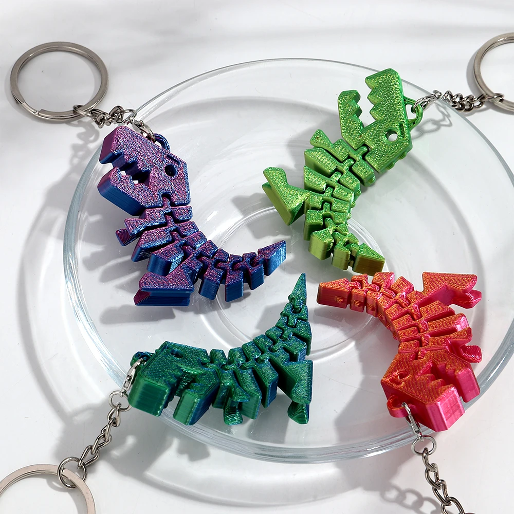 3D Printed Flexible Articulated Dinosaur Key Ring Colorful Gradient T-Rex Skeleton Key Chain Backpack Pendant Gift