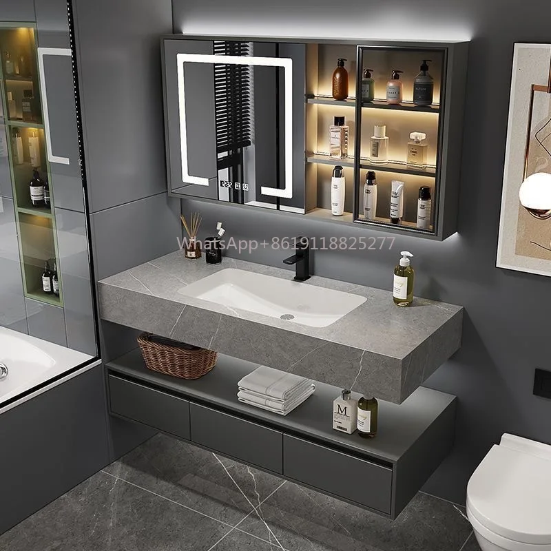 Tocador de baño para Baño Principal, mueble de madera maciza simple de lujo, diseño inteligente, encimera de pizarra