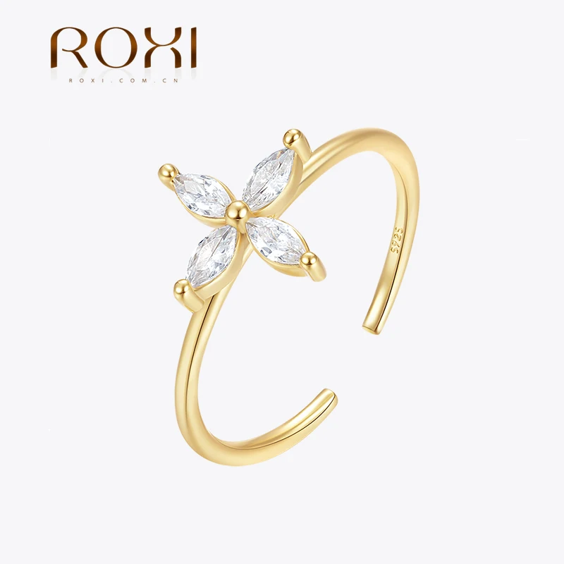 ROXI 925 Sterling Silver Shine Cross Flower Crystal Rings For Women Men Adjustable Party Wedding Engagement Jewelry anillo