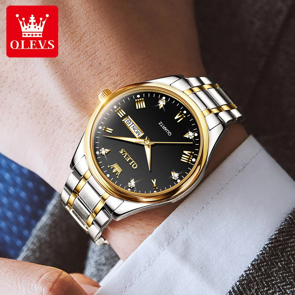 OLEVS Men's Luxury Stainless Steel Watch, Big Face Gold Silver Two Tone Analog Quartz Watch, Easy to Read Waterproof Day Date