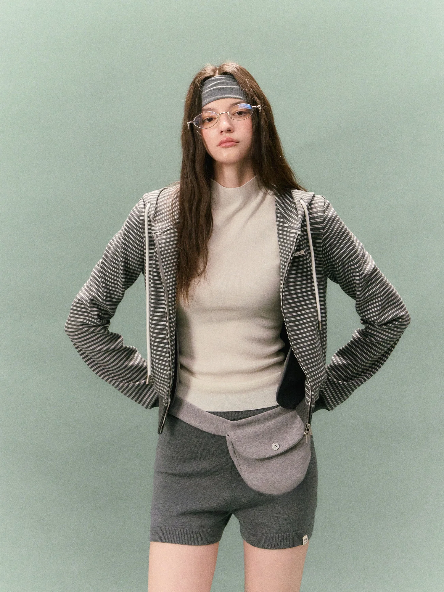 

Casual Striped Knitted Open Cardigan Coat Women's Loose Fit Cotton Polyester Blend Hat Attached ort Outerwear