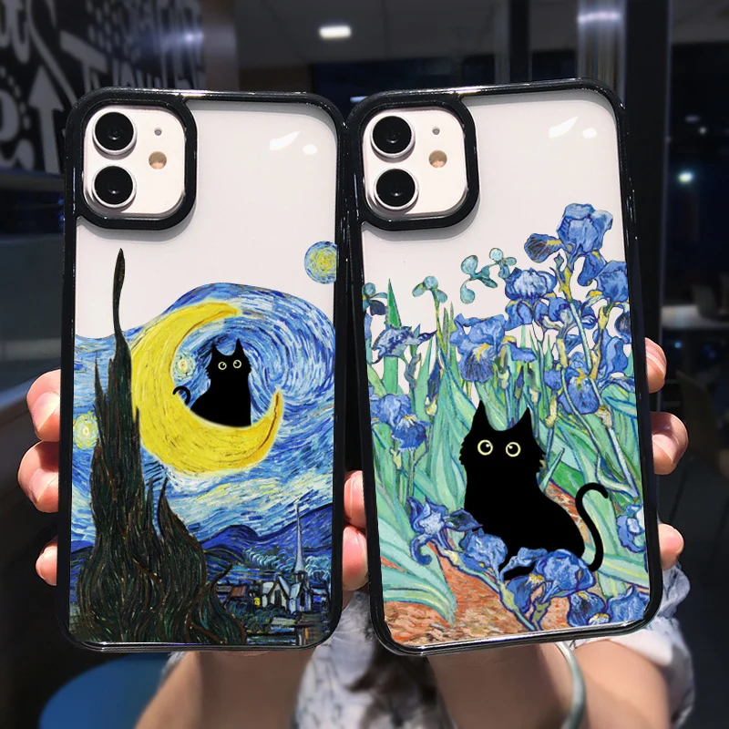 Van-Gogh Cat Phone Case For iPhone 15 14 Pro Max 13 Mini 12 11 XR XS X 7 8Plus Cute INS Retro Oil Painting Black Hard Cover Bag