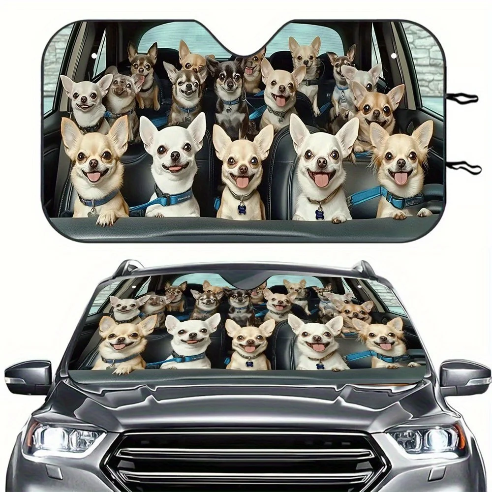 

[Шихуа Солнцезащитный козырек] 1 шт. Дизайн чихуахуа Солнцезащитный козырек на лобовое стекло 57 "x 27,5" для автофургонов и внедорожников | Защита от ультрафиолета и снижение тепла, 2 всасывания