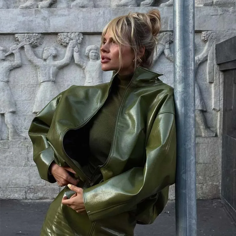 

YENKYE European And American Faux Leather Jacket For Women Long Sleeve Stand Collar Spring Autumn Motorcycle Coat