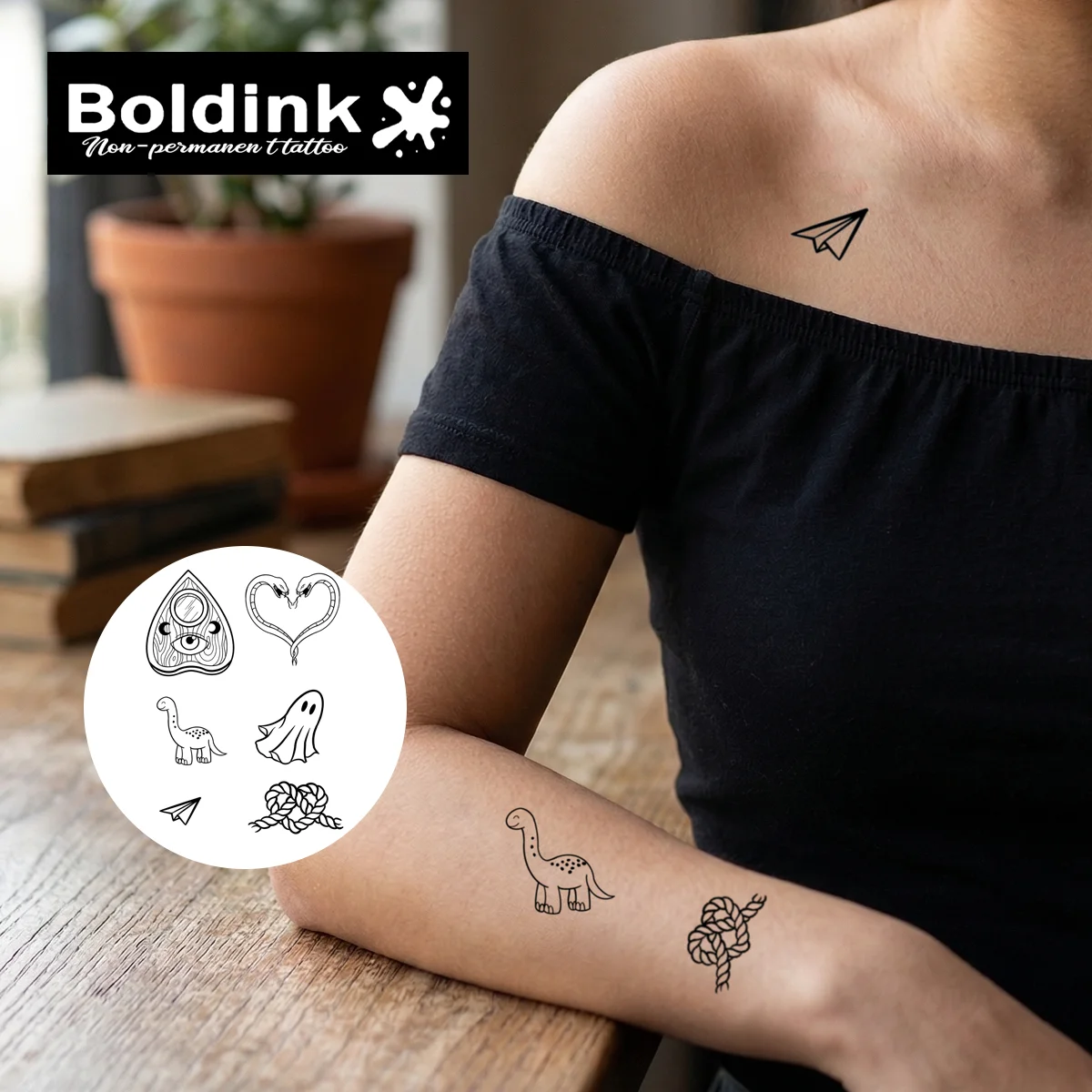 Boldink Plant-based Whimsical Doodle Mix Tattoo Set for Cute Dinosaur, Ghost, Paper Plane & Wooden Door Motif Lovers, Creative F