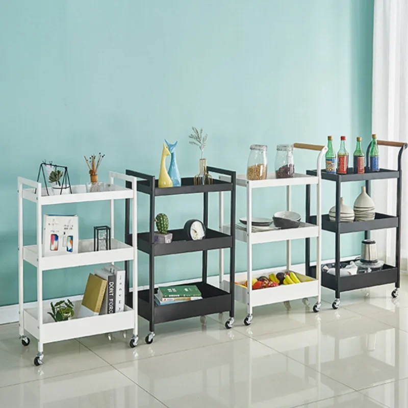 3 Tier Metal Rolling Storage Cart with Handle and Locking Wheels 2 Hanging Baskets 4 Hooks for Bathroom Bedroom Organizer