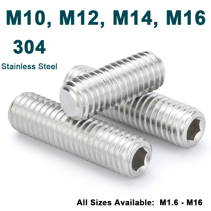 1‑5Pcs 304 Stainless Steel Hex Socket Set Screws Flat Point Hexagon Socket Headless Grub Bolts DIN913 M10 M12 M14 M16 L=6‑70mm