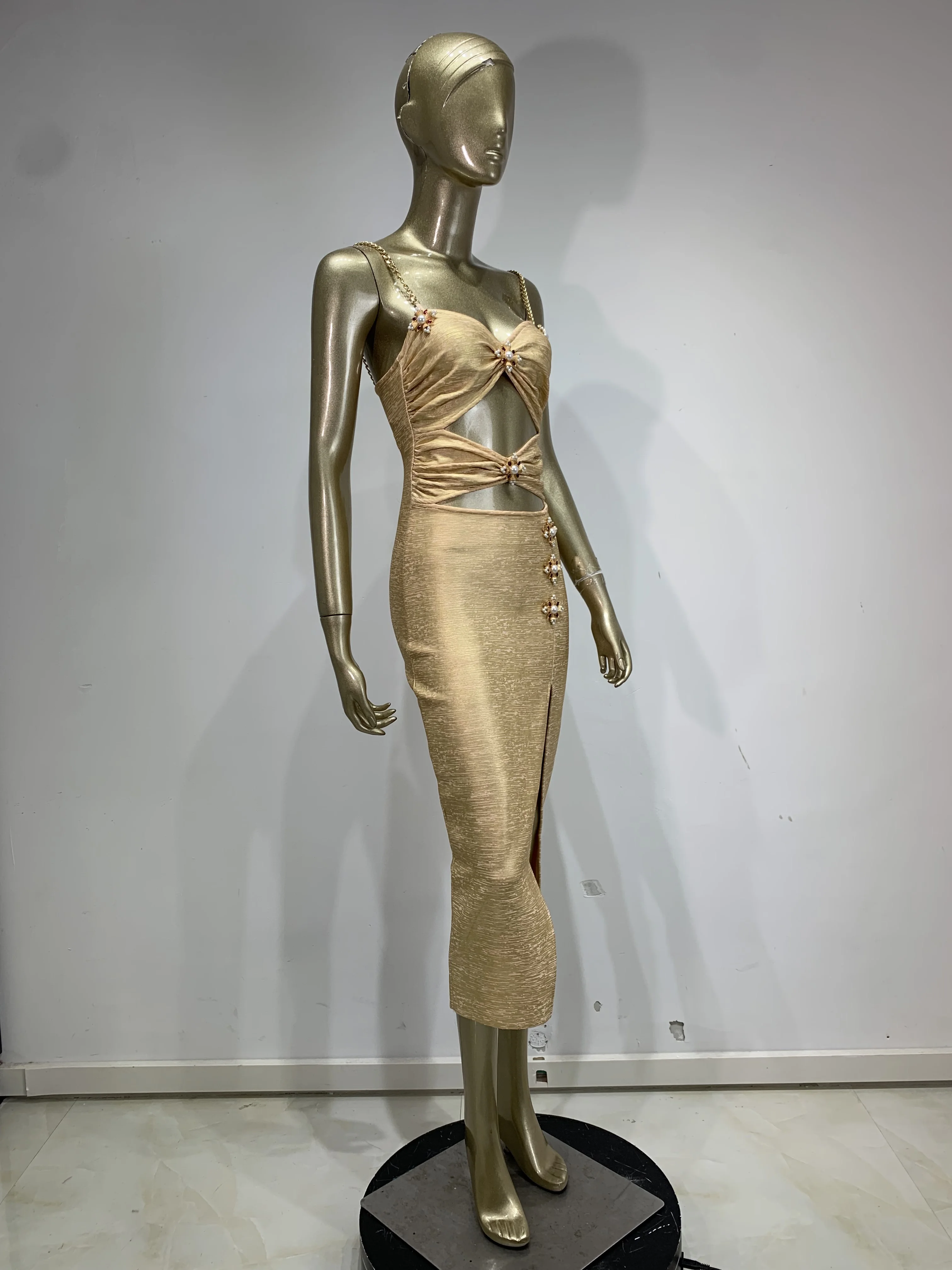 レディース サマー ゴールド ブロンズ バンテージ ドレス スパゲッティストラップ カットアウト オープンレッグ ミディ丈 カーフ丈 セレブリティ イブニング クラブ パーティー ドレス 誕生日