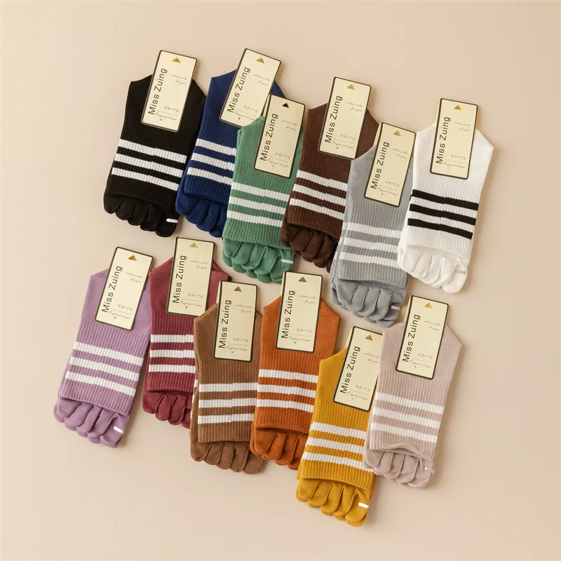 3/5 Pairs Women Striped Five Finger Toe Separator Socks Soft Cotton Mid Calf Crew Socks High Elastic Cuff Casual Ladies Toe Sock