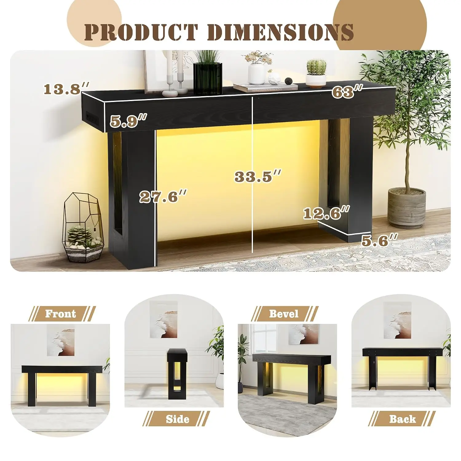 63 Inch Wood Console Table with LED Light & USB Outlet, Narrow Sofa Behind Table for Entrance Hallway Living Room, Customized