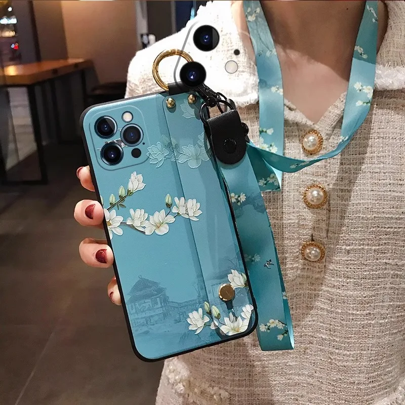 Coque de téléphone avec lanière à fleurs, étui arrière pour iPhone 16 17 15 14 13 12 11 Pro Max 16E Xs Max XR 7 8 Plus, dragonne, support de téléphone