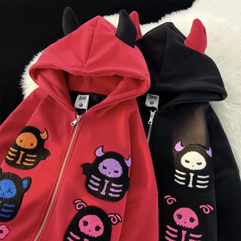 Harajuku Little Demon Hoodies Women Devil Horn Design Sweater Student Top Goth Sweatshirt High Street Zip Up Hoodie Y2k Clothes