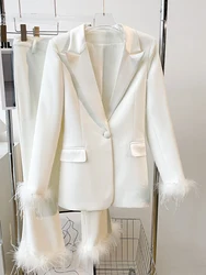 HIGH STREET Newest 2024 Fashion Designer Runway Suit Set Women Slim Single Button  Feather Embellished Blazer Pants Suit