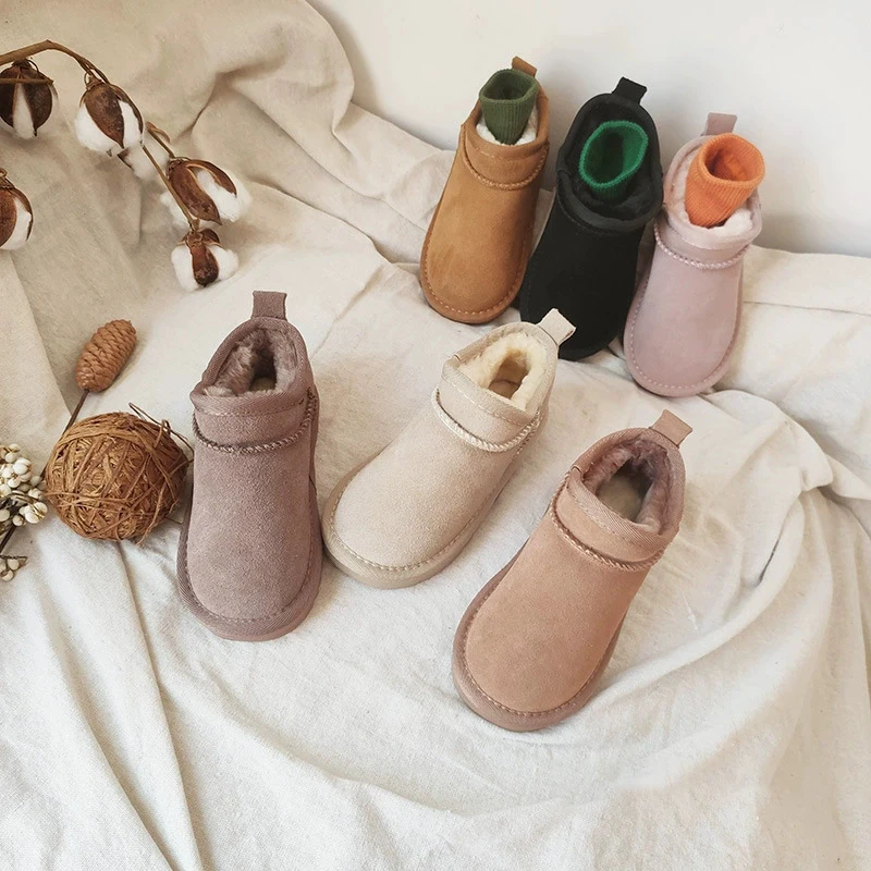 2024 Winter New Children Leather Suede Snow Boots Baby Soft Warm Short Boots Girls Elegant Princess Boots With Metal Ball