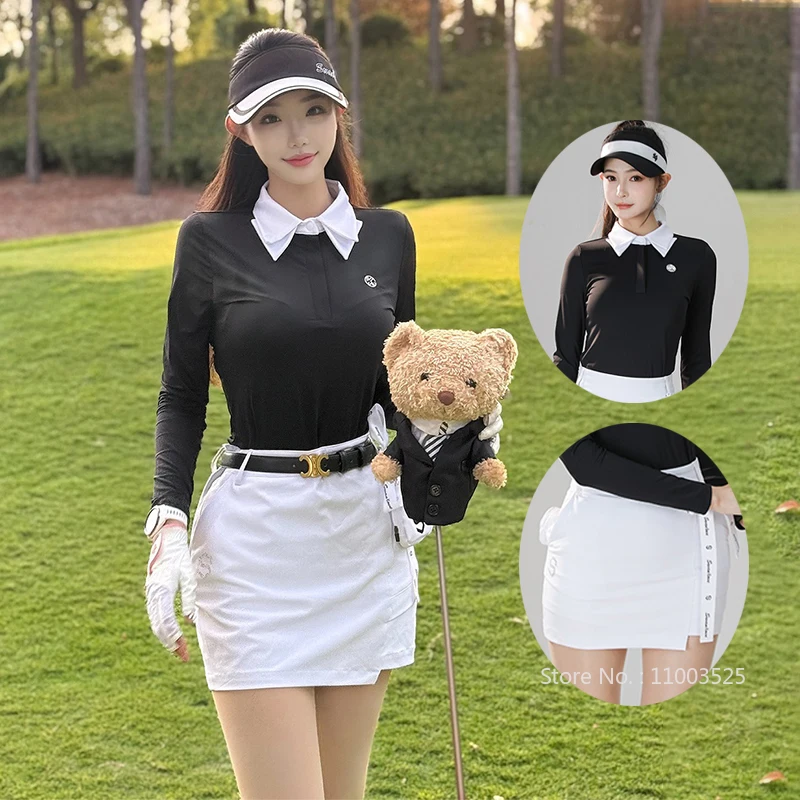 Autumn Spring Golf Women's Long-sleeved Polo Shirt Slim Double Collar Sports Tops Ladies New Pencil Skirt Split A-lined Skorts