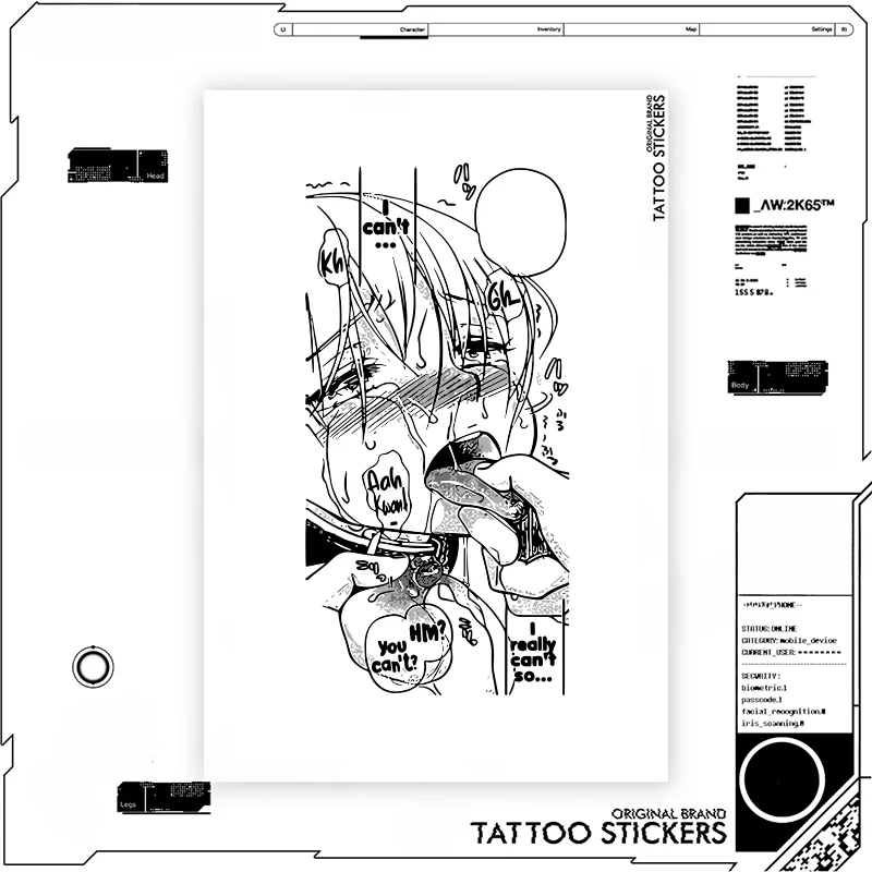 Sexy Anime Black White Girl Tattoo Stickers Men Woman Body Temporary Tattoos Festival Accessories Art Tatto Halloween Hotwife