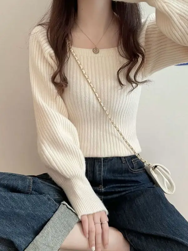 

Square Collar ort Knitted Sweater Women's Inner Wear Autumn Winter Ele Lantern Sve Top Warm Thermal Base irt