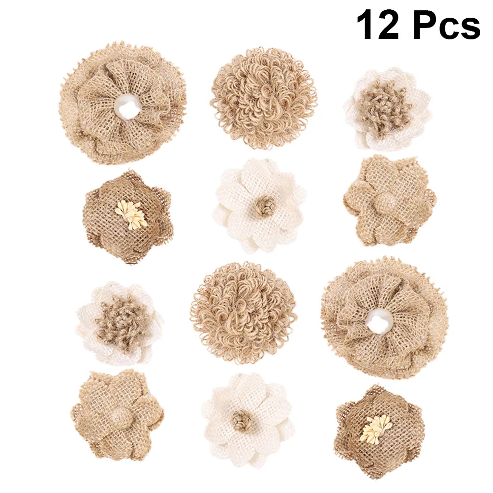 

12 Pcs Vintage Jute Flowers for Party Decoration Set Small Burlap Accessories Women DIY Sewing Fabric Wedding Brooch Pin Craft