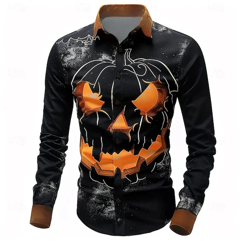 Halloween Long Sleeve Shirt Men's Pumpkin Head Printed Shirt Trendy Party Dress 2024 New Men's Street Casual Long Sleeve Top