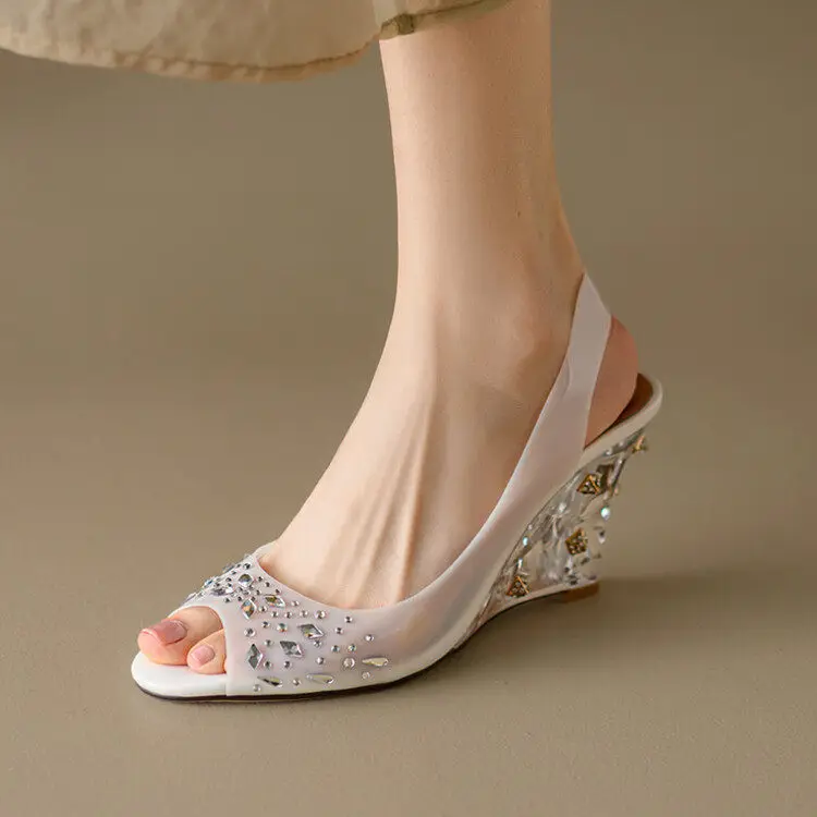 Summer Round Toe Wedges Heel Pumps Open Toe Fish Mouth Rhinestone Sandals Flowers Transparent High Heels Crystal Wedge Sandals