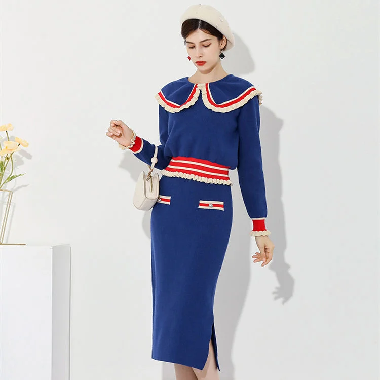 2024 Spring New Sweet 2-częściowy zestaw damski z dzianiny w kontrastowym kolorze Peter Pan Collar Long Sleeve Sweater Top + Slim Wrap Skirt Suit