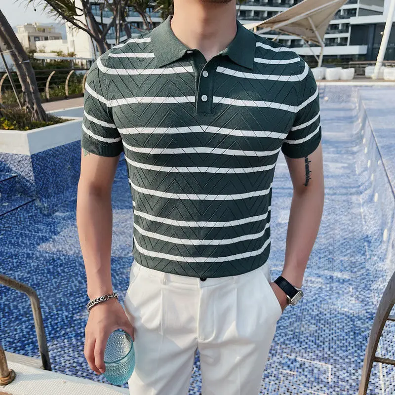 

2023 New Knitted Ice Silk Short Sleeve T-shirt for Men's Summer Polo Neck Slim Fit Hollow Breathable Stripe Polo T-shirt