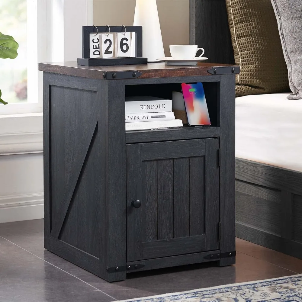 20" Nightstand W/Groove Barn Door, Rustic Wood,Side Table with Storage W/Open & Adjustable Shelf for Bedroom,(Dark Grey)