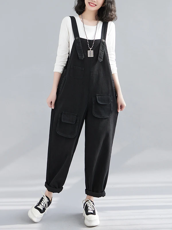 Authentic 2026 Autumn Winter Women's Loose Fashionable Large Size Washed Denim Overalls High Waist Cotton Casual Pants