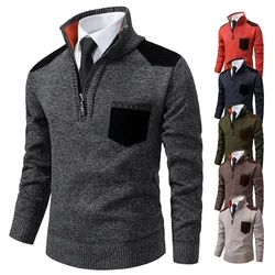 Winter New Men's Hoodie Thickened Half High Collar Knitted Sweater Casual Patchwork Stand Up Collar Zipper Pullover Sweater