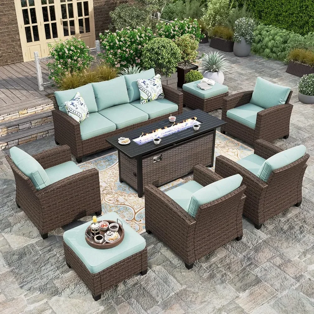 8 Piece Wicker Patio Furniture Set,4xSingle Chairs,2 Foot Stool,3 Seat Sofa 56" Outdoor Conversation Garden with Fire Pit Table