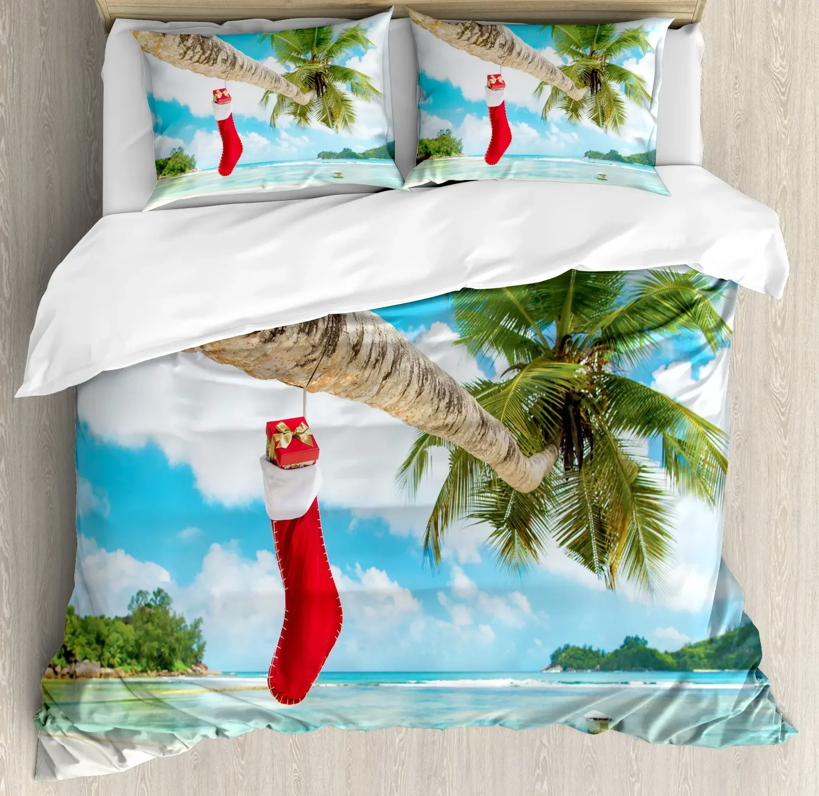 Christmas Duvet Cover Sock on The Palm Tree on Tropical Sandy Beach Island Maldives Design Decorative Blue Red Holidays Gifts