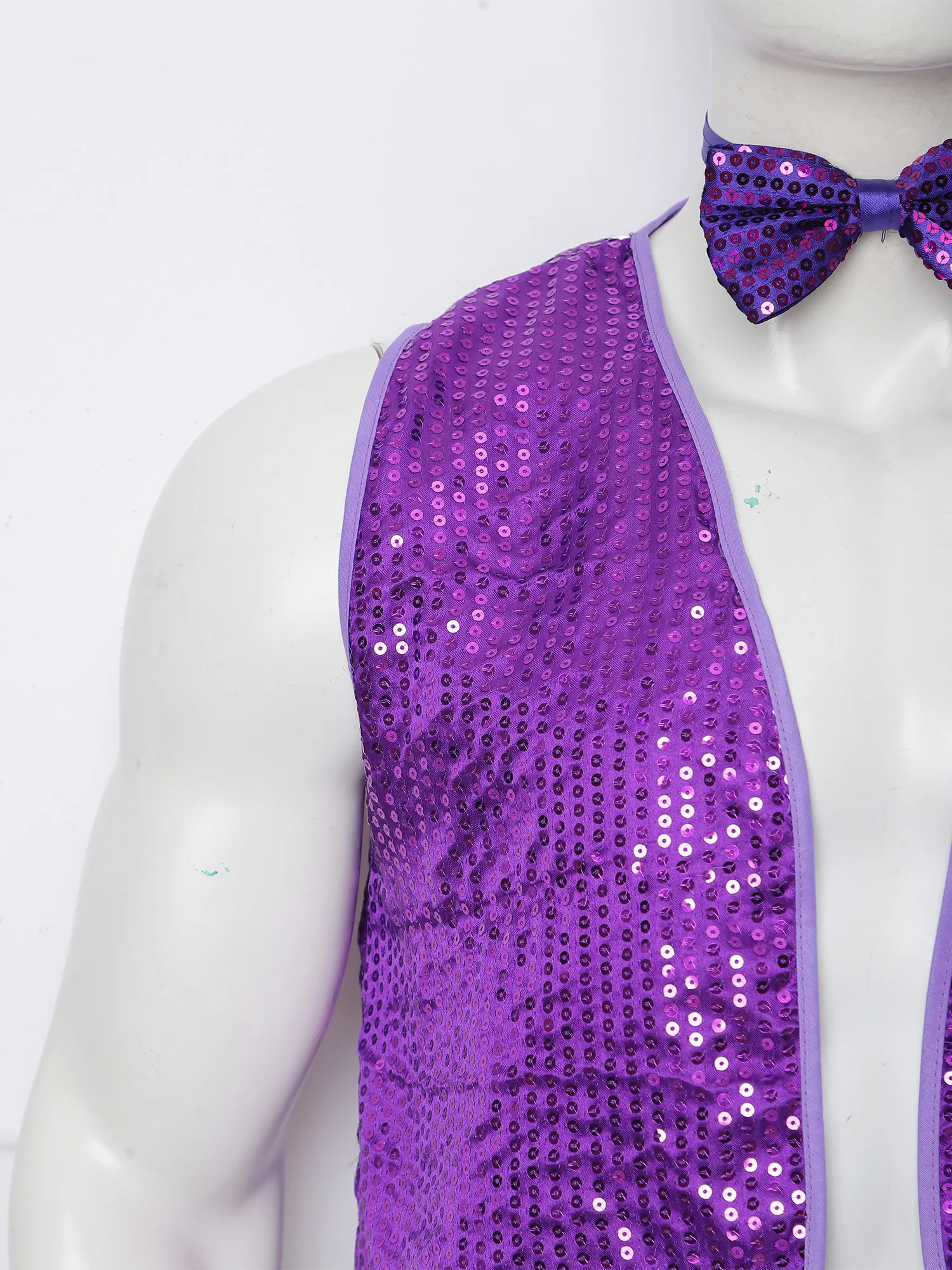 Men Sparkling Sequin Vest Matching Adjustable Bow-tie Two-piece Set for Evening Party Annual Meeting Host Performance Costume