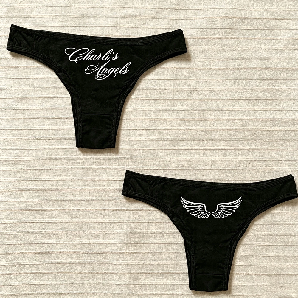 Women's Summer Beach Style Triangle Underwear Emo Y2k Accessories Gothic Letter Wings Front and Back Printed Style 2000s Printed