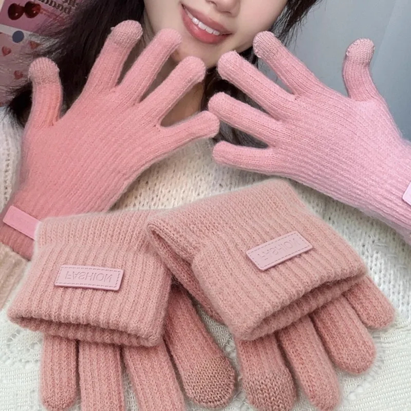 2025 Winter Colorful Ladies Warm Thick Glove Cycling Knitted Windproof Coldproof Riding Woolen Fashion PU Label Gloves