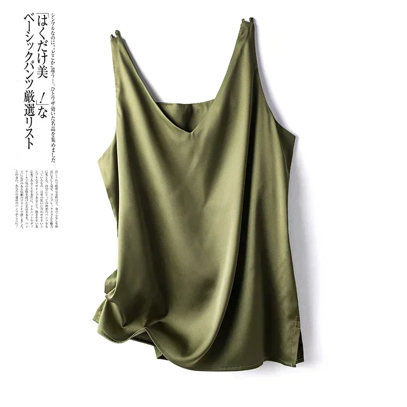 V-Neck Silk Vest Women's Summer Short-Sleeved Blouse with Acetic Acid Satin Top Sleeveless Bottoming Shirt