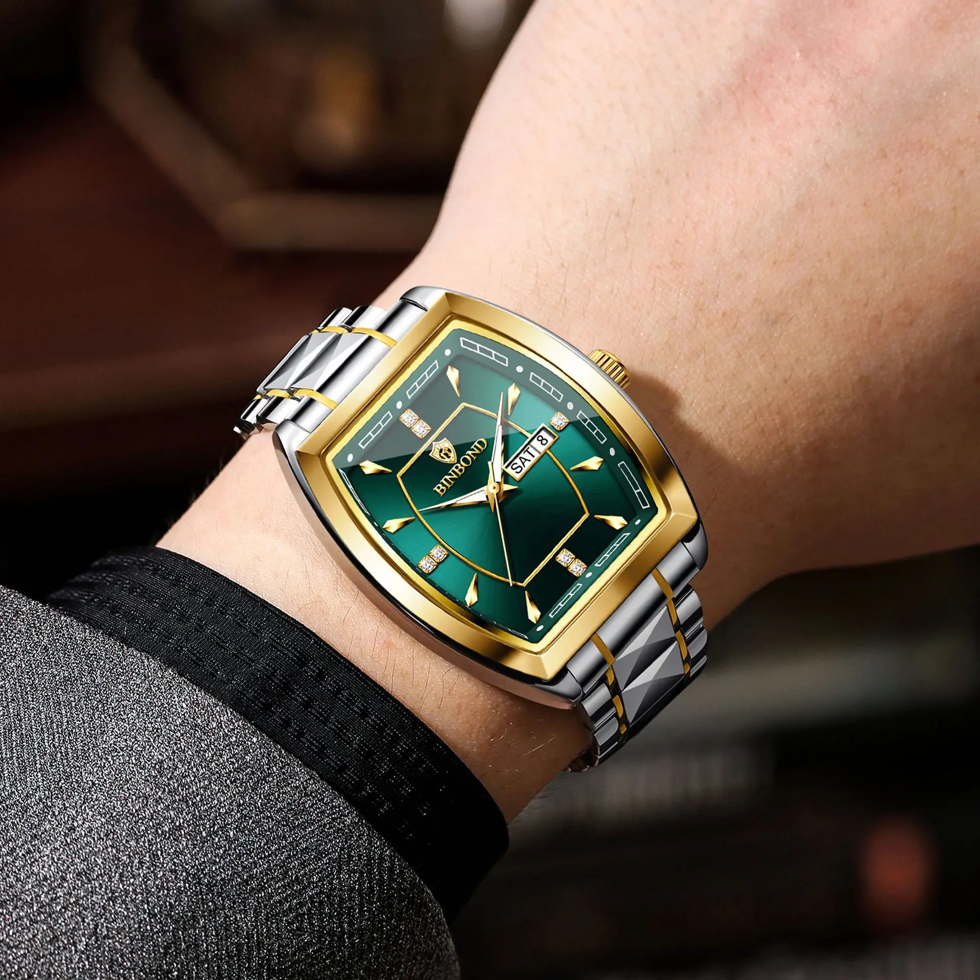 Binbond relógio masculino de luxo de aço inoxidável com pulseira luminosa à prova d'água data e semana relógio de moda masculina relógio de quartzo