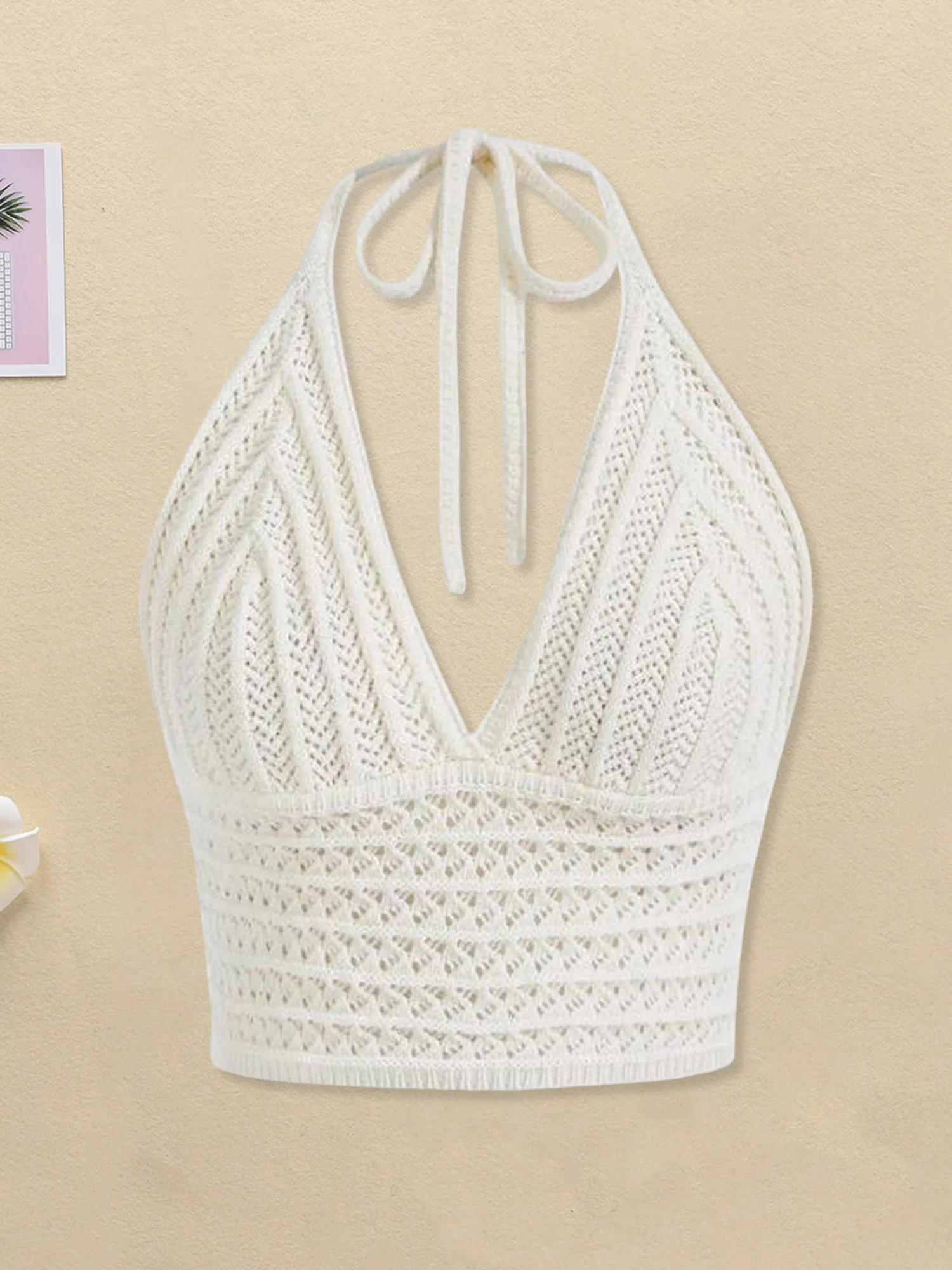 Ladies Sleeveless Knit Crop Top with Tie Halter Neck Solid Color Camisole Tank Summer Cami Shirt for Women