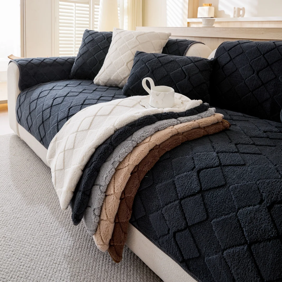 1 Stück verdickter, warmer, fester, geometrischer, gerüschter Fleece-Anti-Rutsch-Sofabezug aus Jacquard, für Wohnzimmer, 1/2/3/4-Sitzer, Couch-Sitzbezug