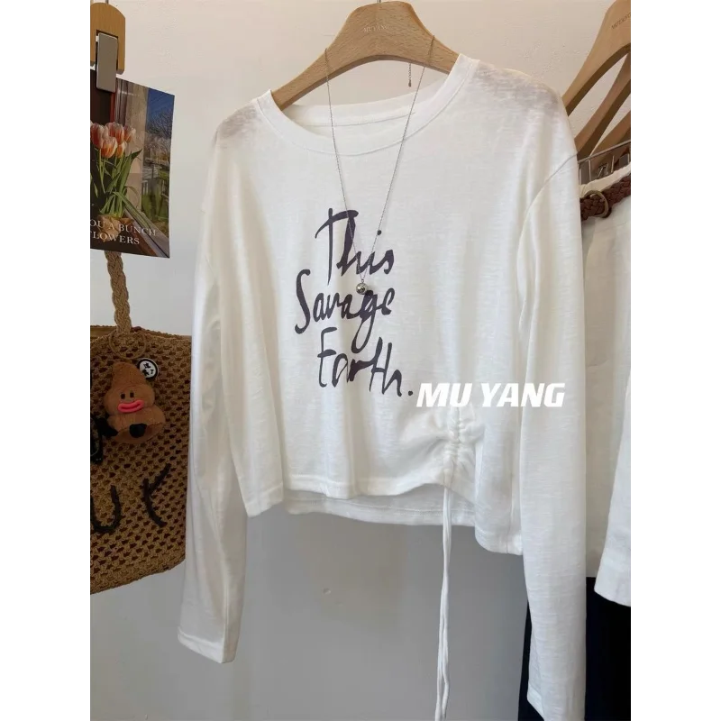 Letter Printed Drawstring Snowflake Loose Casual Long Sleeve Sun Protection T-shirt Crop Top