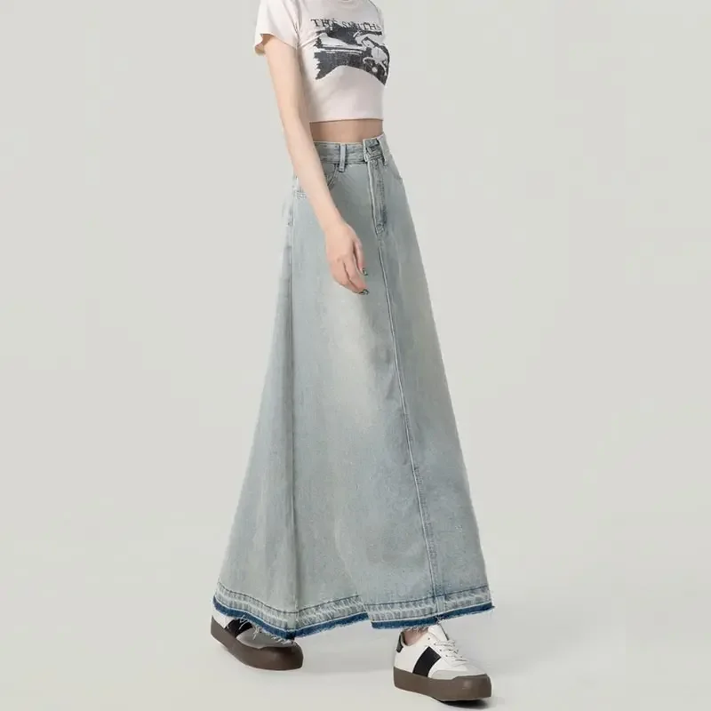 Slit Denim Skirt for Women Spring Autumn Slim High Waist A-line Long Skirts Casual Vintage Style Y2k Clothing Plus Size