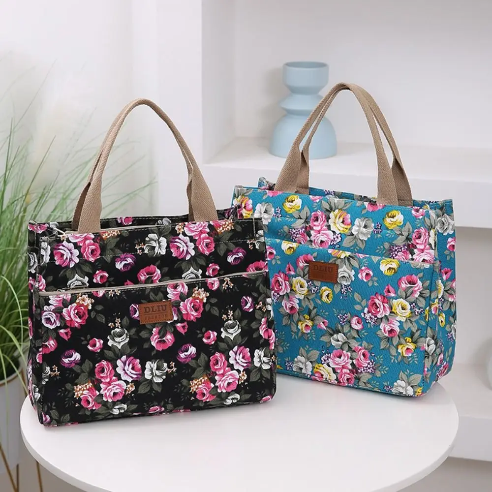 

Fashion Floral Print Tote Bag, Portable Canvas Lunch Bag, Women's Casual Handbag Mommy Bag For Picnic Travel